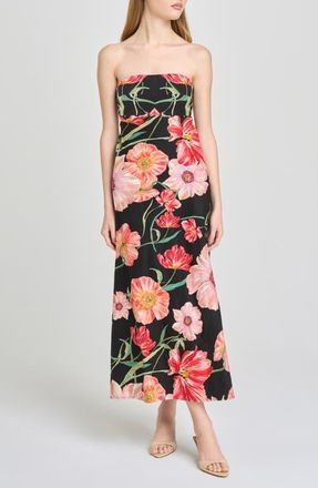 Wayf All Yours Floral Strapless Midi Dress in Black Poppies at Nordstrom, Size X-Small