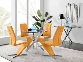 Furniturebox Novara Round 100cm Chrome Metal & Glass Dining Table & 4 Willow Dining Chairs Set in Mustard