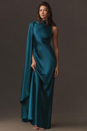 Acler Ropley Asymmetric Cape-Sleeve Satin Maxi Dress