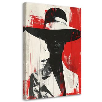 Feeby Cuadro Sobre Lienzo Mujer Elegante Con Sombrero Sobre Fondo Rojo Y Blanco 80x120
