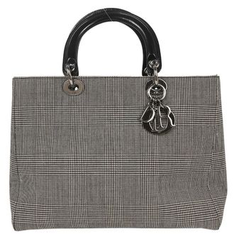 Dior Vintage Lady Dior Bag Houndstooth Canvas Black Canvas Handbag (Pre-Owned)