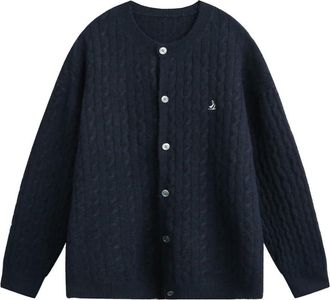 Generic ZBDZSW Retro Contrast Color Embroidery Round Neck Cardigan Sweater Mens Autumn Winter Cable Knit Lazy All-Match Sweater Jacket Navy Blue