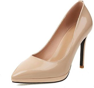 Generic Womens Slip on Court Shoes Pointed Toe PU Leather Dress Shoes Stiletto High Heel Platform Pumps,Apricot,2.5 UK