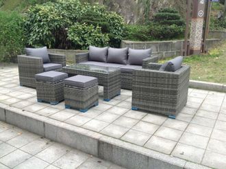 Fimous Wicker Rattan Garden Furniture Sofa Sets Outdoor Patio Coffee Table With Stools Grey mixed in Dark Grey
