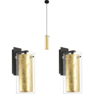 Loops Ceiling Pendant Light & 2x Matching Wall Lights Clear Glass & Gold Shade Lamp