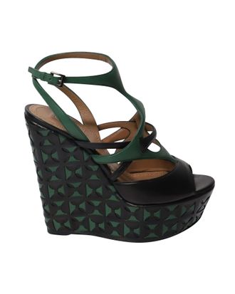 Alaia Alaia Laser-Cut Basket Weave Wedges in Green Leather