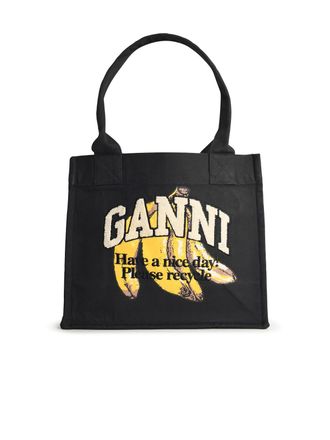 Ganni Large Banana Print Bag In Black Cotton