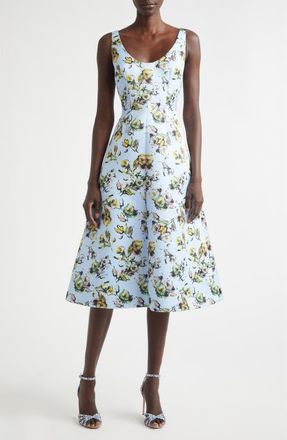 Emilia Wickstead Abella Floral Fit & Flare Midi Dress in Floral Green/yellow On Blue at Nordstrom, Size 10 Us