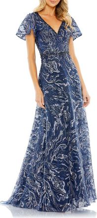 Mac Duggal Embellished Illusion Butterfly Sleeve A-Line Gown in Navy at Nordstrom, Size 14