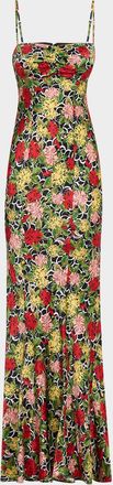 Saloni Renee Long Floral Silk Spaghetti-Strap Dress