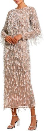 Mac Duggal Long Sleeve Midi Dress with Embellished Fringe in Ivory Nude at Nordstrom, Size 10