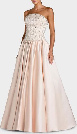 Mac Duggal Satin Beaded Drop-Waist Strapless Ballgown