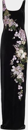 Teri Jon Sequin Floral Velvet Column Gown