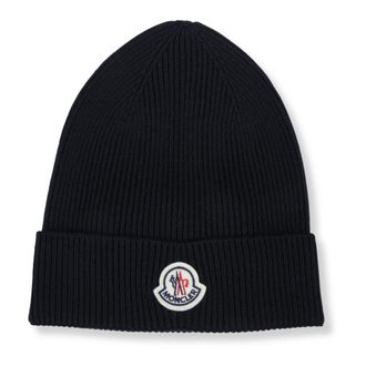 Moncler Geribbelde muts met logopatch - Heren - Accessoires - Blauw - Maat: ONE Size Zijde