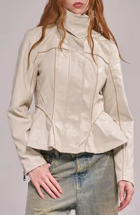 Azalea Wang Ally Faux Leather Peplum Moto Jacket in Bone at Nordstrom, Size X-Large