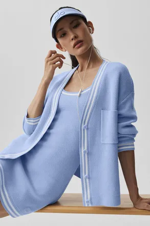 Alo | Tennis Club Sweater Knit Cardigan Top in Light Provence Blue/White, Size: Medium