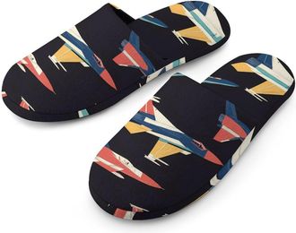 Generic Colorful Fighter Jets Flannel Mens Slip-on Slippers Winter Warm House Shoes with Rubber Sole for Home Hotel