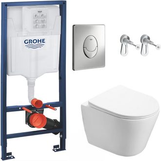GROHE Pack Cisterna Para Wc + Taza Sat Infinitio Sin Brida, Fijaci&oacute;n Invisible + Pulsador Cromado - Grohe