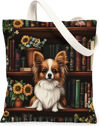 Generic Spring Papillon Dog Canvas Tote Bag for Shopping 13x15, Flower Bookshelf Puppy Reusable Grocery Print Bag for Women, Fun Pet Beach Aesthetic Painting 