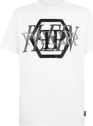 Philipp Plein T-shirt met ronde hals en logo van steentjes - Heren - T-shirts - Wit - 4XL - Katoen - Tops