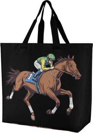 Generic Brown Horse Racing Tote Bag Reusable Grocery Shopping Bags Large Travel One Shoulder Handbag for Picnic Work