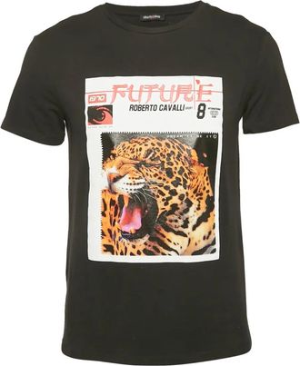 Roberto Cavalli T-shirt met jaguarprint - Zwart