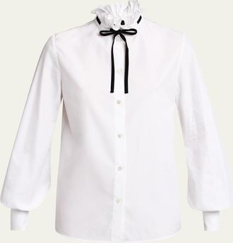 Valentino Garavani Ruffle Bow-Collar Balloon-Sleeve Button-Down Shirt