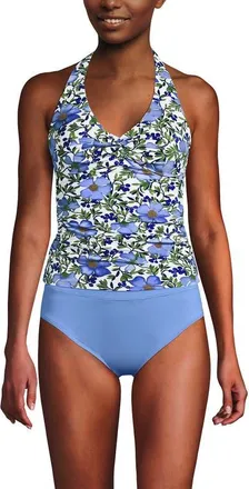 Lands End Twist Halter Tankini Top in Floral Blossom/white/blue at Nordstrom, Size 12