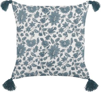 Beliani Coj&iacute;n De Algod&oacute;n Blanco Crema Verde Azulado 45 X 45 Cm Geom&eacute;trico Borlas Rumex