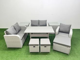 Fimous High Back Poly Rattan Garden Furniture Set w/ Reclining Chair Loveseat Sofa Rectangular Dining Table Indoor Outdoor Patio Set 3 Stools 2 Side