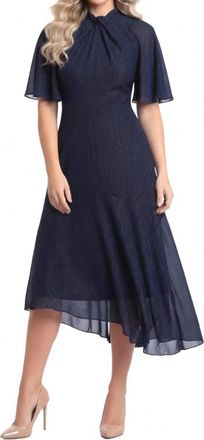 Maggy London Metallic Chiffon Twist Mock Neck Midi Dress In Royal Navy
