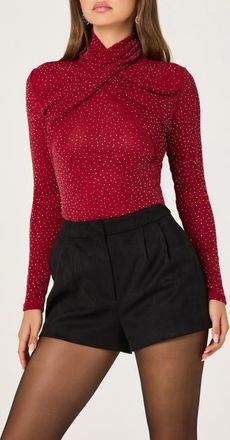 ASTR the Label Embellished Shimmer Crossover Mock Neck Top in Wine at Nordstrom, Size Small