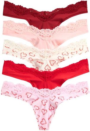 SKIMS 5-Pack Fits Everybody Lace Dipped Thong in Candy Heart Multi at Nordstrom, Size Xx-Small