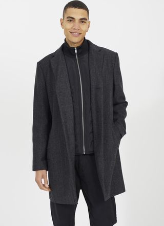 Brave Soul Mens Dark Grey Herringbone Single Breasted Double Layer Overcoat - Size Medium