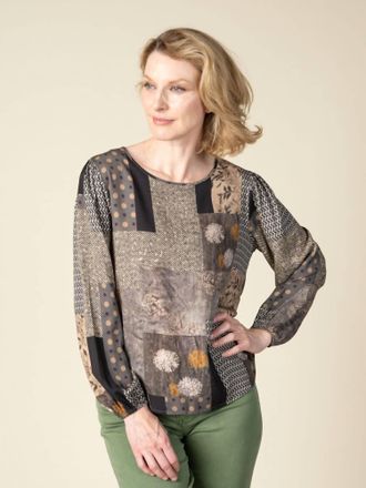 Papillon Patch Print Top With Back Buttons In Grey