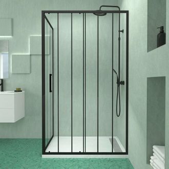 Aurlane Puerta Corredera Y Retorno Con Serigraf&iacute;a Negra 120x80x200 Cm + Plato De Ducha Blanco Efecto Piedra