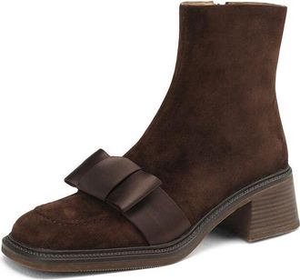 TinaCus Handmade Womens Suede Leather Bow D&eacute;cor Comfort Square Toe Side Zipper Mid Block Heel Ankle Boots Shoes, Brown, 7.5 UK