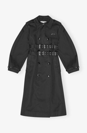 Ganni Black Bonded Cotton Trench Coat - Size 10/12 Organic