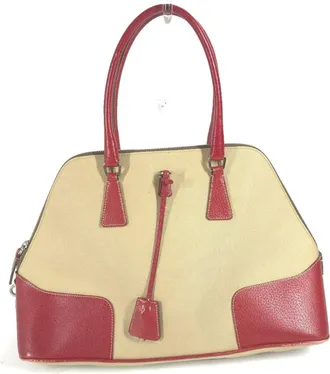 Prada Beige Red Color Leather Canvas Handbag Shoulder Bag Tote Bag (Pre-Owned)