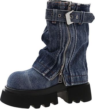 Generic Womens Fashion Cowboy Back Chunky Heel Mid Calf Boots Womens Mid Calf Boots Womens Tube Socks Mid Calf (Blue, 5.5)