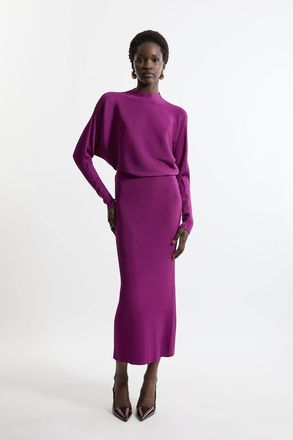 Karen Millen Drape Knit Bat Wing Pencil Midi Dress in Magenta at Nordstrom, Size X-Small