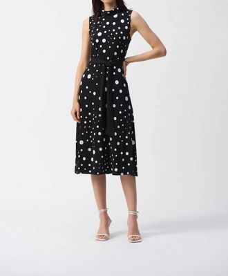 Joseph Ribkoff Polka Dot Belted Midi Dress In Black/vanilla