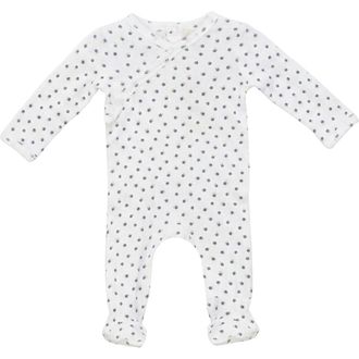 Fragile Boy Pointelle Flower Print Wrap Romper in White/denim at Nordstrom, Size 3M