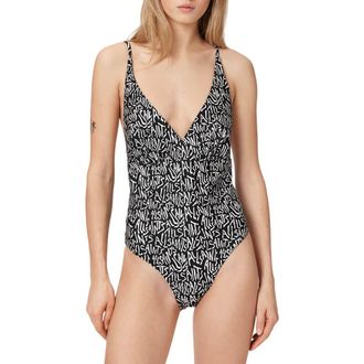 AllSaints Saph V-Neck One-Piece Swimsuit in Santas Black/White at Nordstrom, Size 12 Us