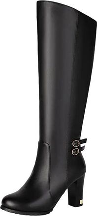 Generic Womens Sexy Knee High Boots Round Toe Super High Block Heel Slip On Design With Belt Buckle For Party Banquet