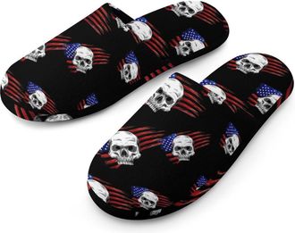 Generic Skull And U.S. Flag Flannel Mens Slip-on Slippers Winter Warm House Shoes with Rubber Sole for Home Hotel
