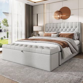 Merax Double Ottoman Bed With Storage Bench in Light Grey