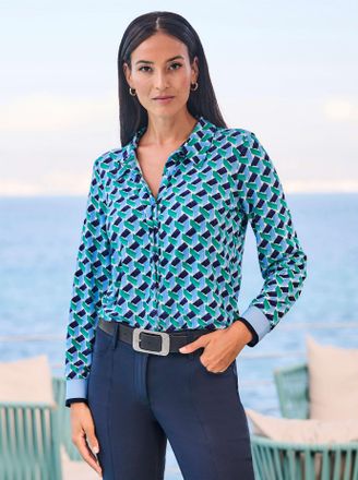 Heine Klassische Bluse HEINE, Damen, Gr. 34, himmelblau, gr&uuml;n, bedruckt, 95% Viskose, 5% Elasthan, bedruckt, gemustert, mehrfarbig, Blusen Klassische Bluse