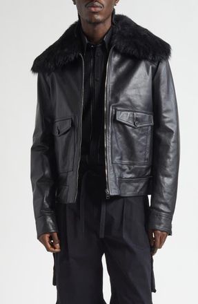 Dolce & Gabbana Leather Jacket with Genuine Shearling Collar in Nero at Nordstrom, Size 38 Us