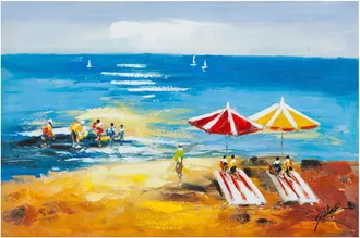 Biscottini International Biscottini - Cuadro &Oacute;leo Sobre La Tela Pintado A La Mano Ombrelloni In Spiaggia